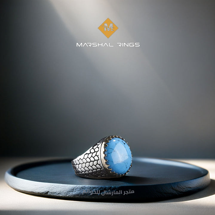 خاتم فضة رجالي 925 مرصع بحجر الفيروز مزين بتصميم عصري - متجر المارشال للخواتم الرجالية 1
