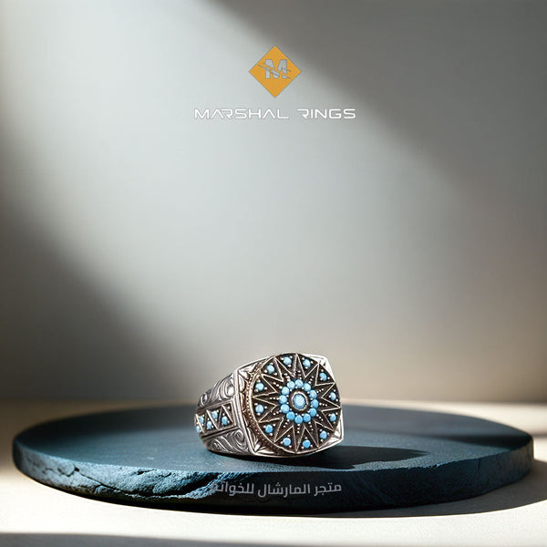 خاتم فضة رجالي 925 مرصع بحجر الفيروز الصغير مزين بإطار أنيق - متجر المارشال للخواتم الرجالية 1