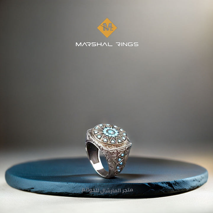 خاتم فضة رجالي 925 مرصع بحجر الفيروز الصغير مزين بإطار أنيق - متجر المارشال للخواتم الرجالية 2