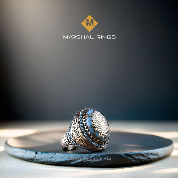 خاتم فضة رجالي 925 مرصع بحجر الفيروز مع نقش الطغراء العثمانية - متجر المارشال للخواتم الرجالية 1