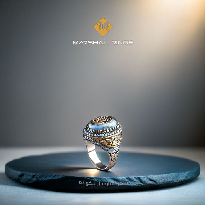 خاتم فضة رجالي 925 مرصع بحجر الفيروز مع نقش الطغراء العثمانية - متجر المارشال للخواتم الرجالية 2