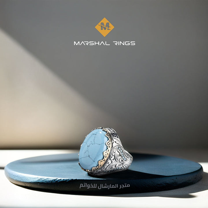 خاتم فضة رجالي 925 مرصع بحجر الفيروز بتصميم سلطاني فاخر - متجر المارشال للخواتم الرجالية 1