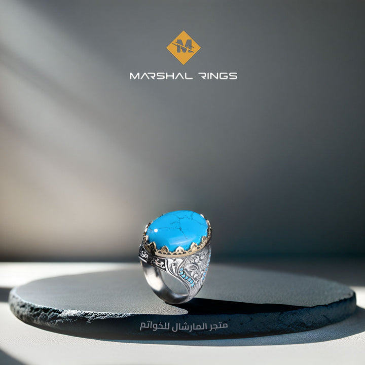 خاتم فضة رجالي 925 مرصع بحجر الفيروز بتصميم سلطاني فاخر - متجر المارشال للخواتم الرجالية 2