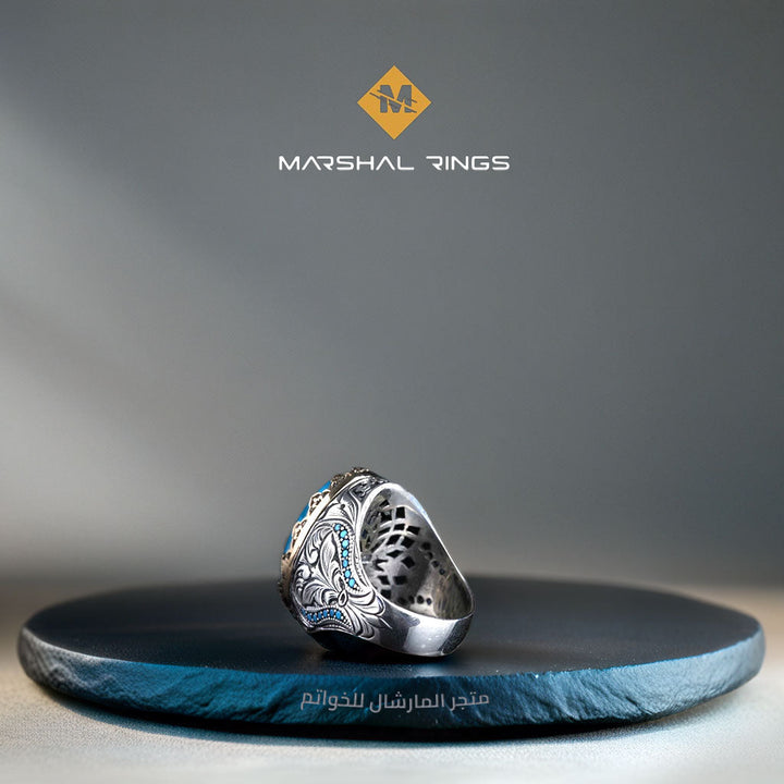 خاتم فضة رجالي 925 مرصع بحجر الفيروز بتصميم سلطاني فاخر - متجر المارشال للخواتم الرجالية 3