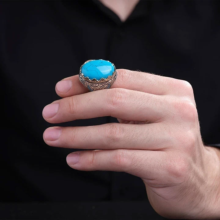 خاتم فضة رجالي 925 مرصع بحجر الفيروز بتصميم سلطاني فاخر - متجر المارشال للخواتم الرجالية 4
