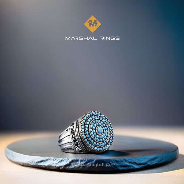 خاتم فضة رجالي 925 مرصع بحجر الفيروز بتصميم عمودي عصري - متجر المارشال للخواتم الرجالية 1
