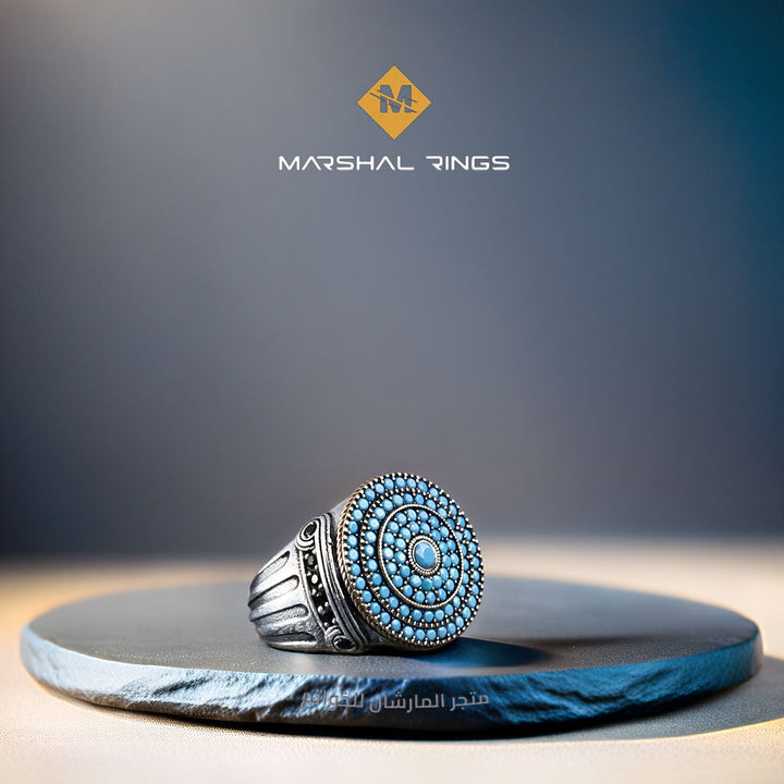 خاتم فضة رجالي 925 مرصع بحجر الفيروز بتصميم عمودي عصري - متجر المارشال للخواتم الرجالية 1