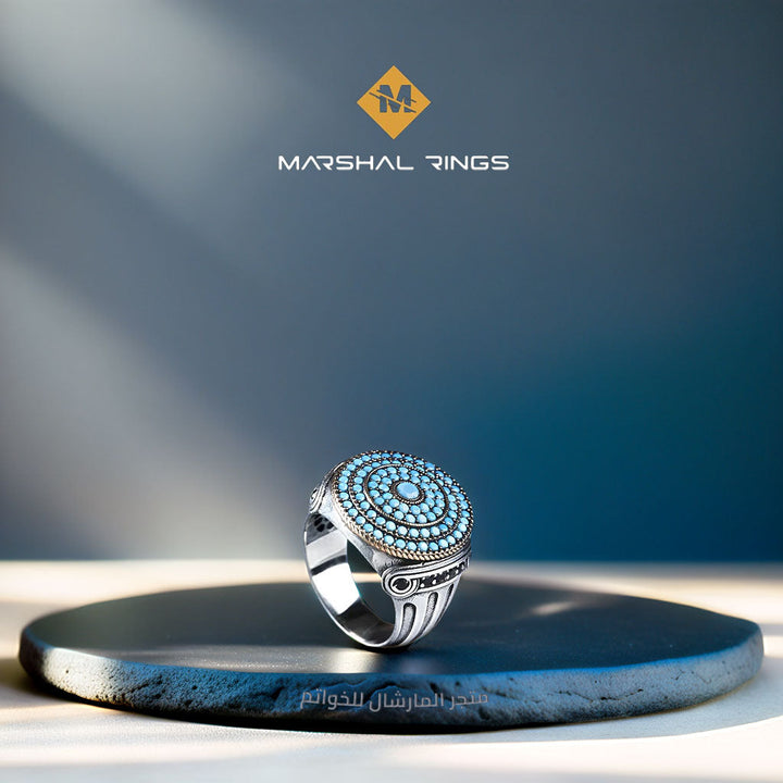 خاتم فضة رجالي 925 مرصع بحجر الفيروز بتصميم عمودي عصري - متجر المارشال للخواتم الرجالية 2