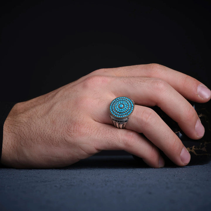 خاتم فضة رجالي 925 مرصع بحجر الفيروز بتصميم عمودي عصري - متجر المارشال للخواتم الرجالية 3