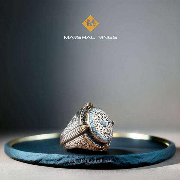 خاتم فضة رجالي 925 مرصع بحجر الفيروز ضمن تصميم قبة المسجد - متجر المارشال للخواتم الرجالية 1
