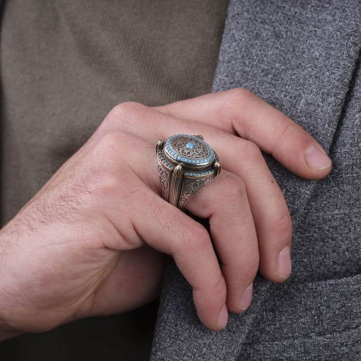 خاتم فضة رجالي 925 مرصع بحجر الفيروز ضمن تصميم قبة المسجد - متجر المارشال للخواتم الرجالية 4