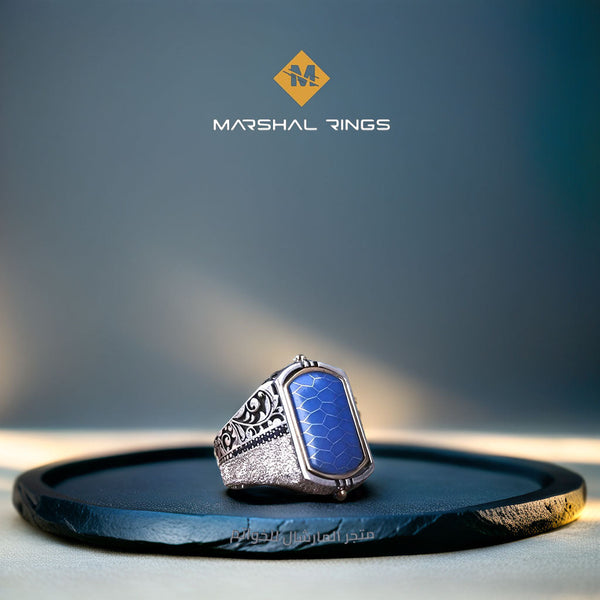 خاتم فضة رجالي 925 مرصع بحجر الفيروز والياقوت الصغيرة مزدوج الجانب بتصميم مميز - متجر المارشال للخواتم الرجالية 1