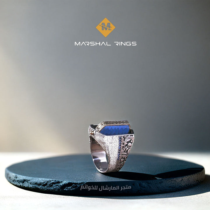 خاتم فضة رجالي 925 مرصع بحجر الفيروز والياقوت الصغيرة مزدوج الجانب بتصميم مميز - متجر المارشال للخواتم الرجالية 3