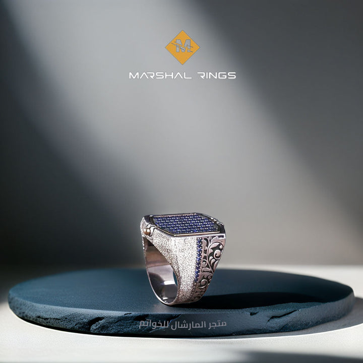 خاتم فضة رجالي 925 مرصع بحجر الفيروز والياقوت الصغيرة مزدوج الجانب بتصميم مميز - متجر المارشال للخواتم الرجالية 5