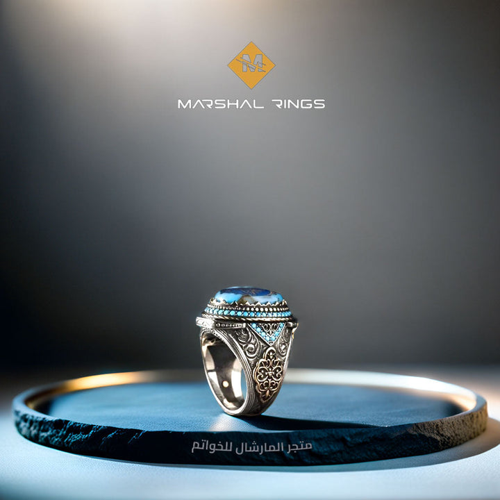 خاتم فضة رجالي 925 مرصع بحجر الفيروز منقوش يدوياً ومزين بعبارة "حسبي الله" - متجر المارشال للخواتم الرجالية 2