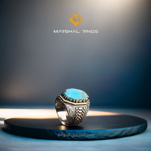 خاتم فضة رجالي 925 مرصع بحجر الفيروز مزين بإطار أنيق - متجر المارشال للخواتم الرجالية 1