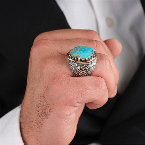 خاتم فضة رجالي 925 مرصع بحجر الفيروز مزين بإطار أنيق - متجر المارشال للخواتم الرجالية 2