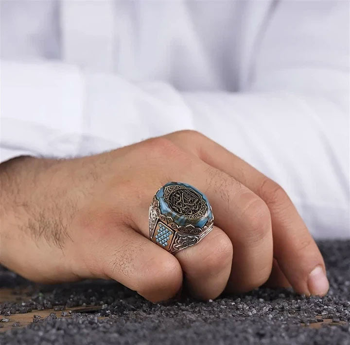 خاتم فضة رجالي 925 مرصع بحجر الفيروز بتصميم كلاسيكي - متجر المارشال للخواتم الرجالية 3