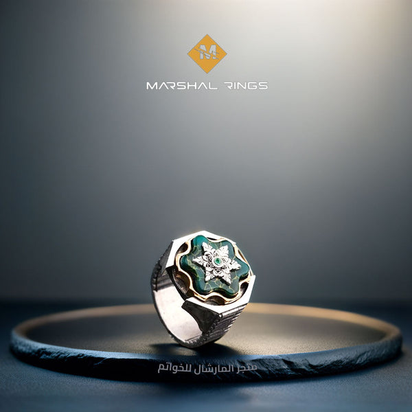 خاتم فضة رجالي 925 مرصع بحجر الفيروز الأريزوني بتصميم روليت أنيق - متجر المارشال للخواتم الرجالية 1