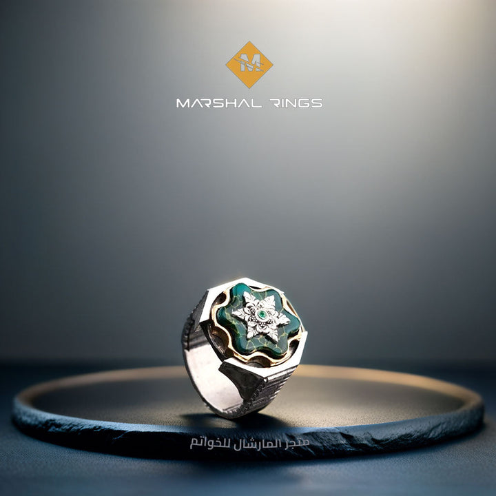 خاتم فضة رجالي 925 مرصع بحجر الفيروز الأريزوني بتصميم روليت أنيق - متجر المارشال للخواتم الرجالية 1