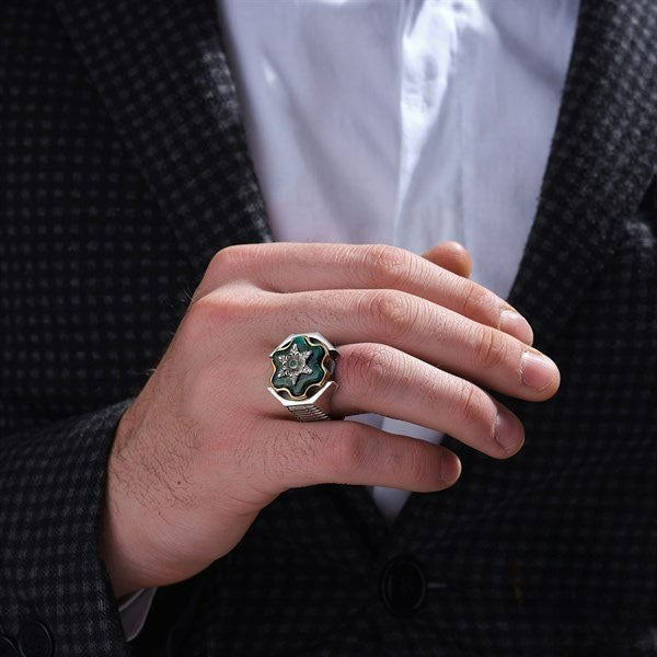 خاتم فضة رجالي 925 مرصع بحجر الفيروز الأريزوني بتصميم روليت أنيق - متجر المارشال للخواتم الرجالية 3