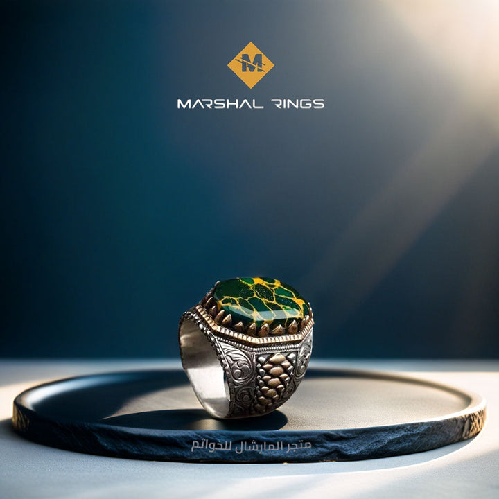 خاتم فضة رجالي 925 مرصع بحجر الفيروز الأريزوني بتصميم كلاسيكي - متجر المارشال للخواتم الرجالية 1