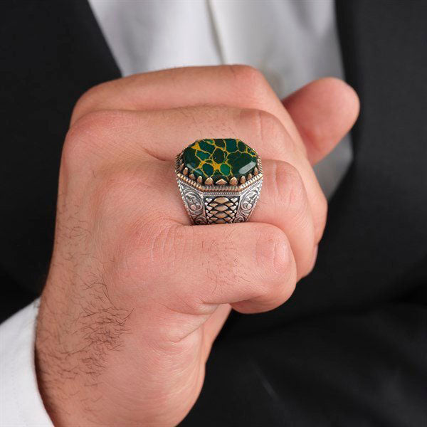 خاتم فضة رجالي 925 مرصع بحجر الفيروز الأريزوني بتصميم كلاسيكي - متجر المارشال للخواتم الرجالية 2
