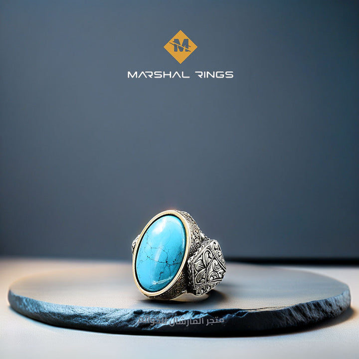 خاتم فضة رجالي 925 مرصع بحجر الفيروز مزين بنقش دائري - متجر المارشال للخواتم الرجالية 1