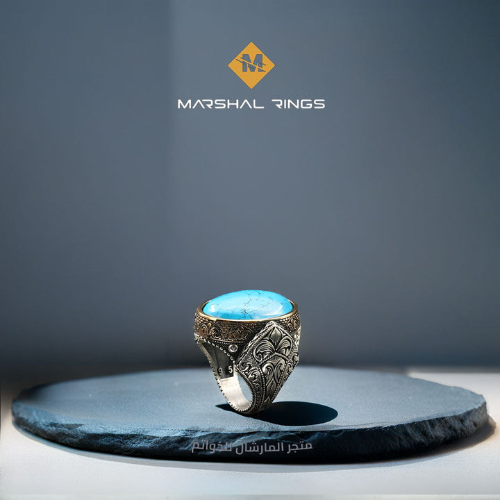 خاتم فضة رجالي 925 مرصع بحجر الفيروز مزين بنقش دائري - متجر المارشال للخواتم الرجالية 2