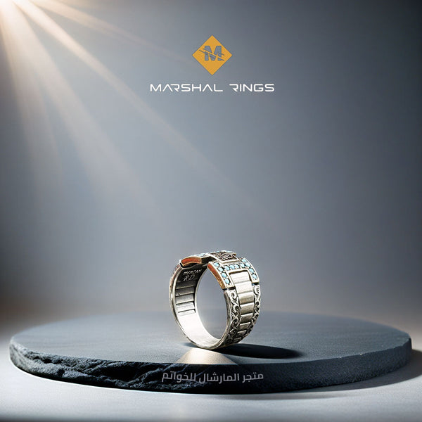 خاتم فضة رجالي 925 مرصع بأحجار الفيروز الصغيرة  - متجر المارشال للخواتم الرجالية 1