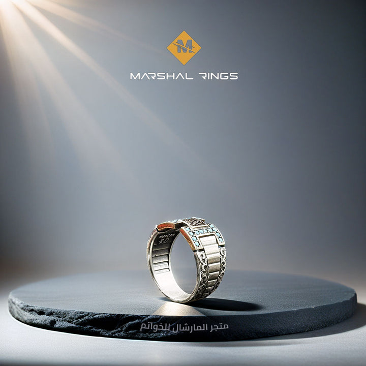 خاتم فضة رجالي 925 مرصع بأحجار الفيروز الصغيرة  - متجر المارشال للخواتم الرجالية 1