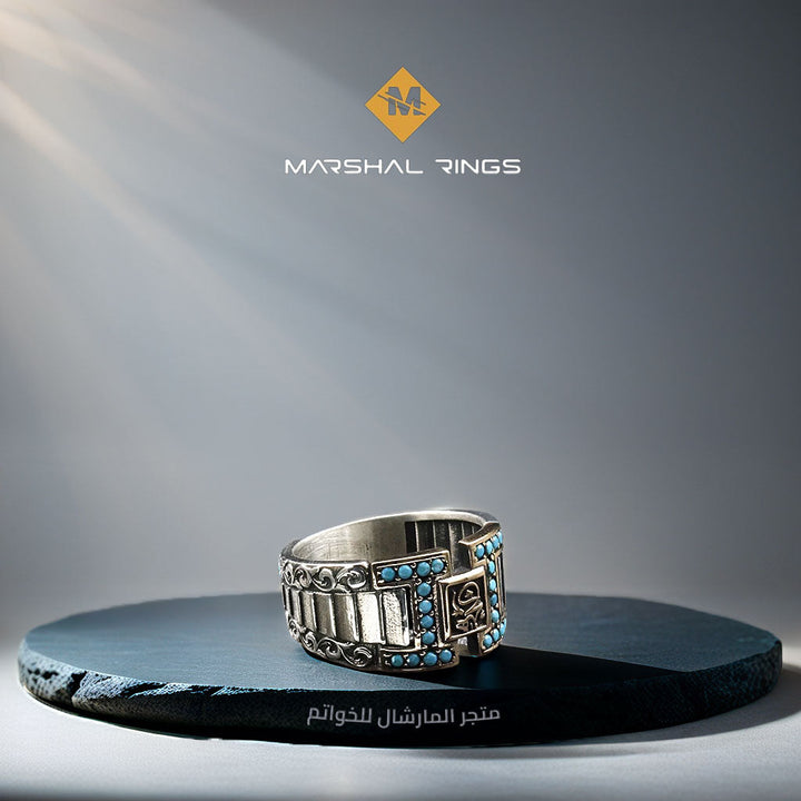 خاتم فضة رجالي 925 مرصع بأحجار الفيروز الصغيرة  - متجر المارشال للخواتم الرجالية 2