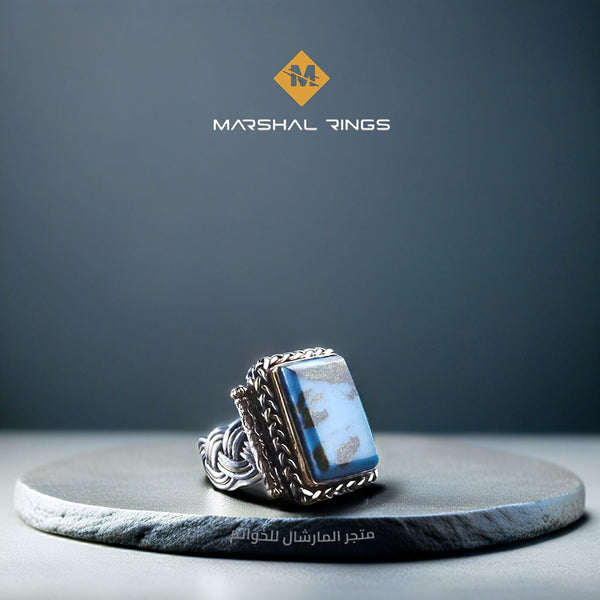 خاتم فضة رجالي 925 مرصع بحجر الفيروز مزين بنقش يدوي - متجر المارشال للخواتم الرجالية 1