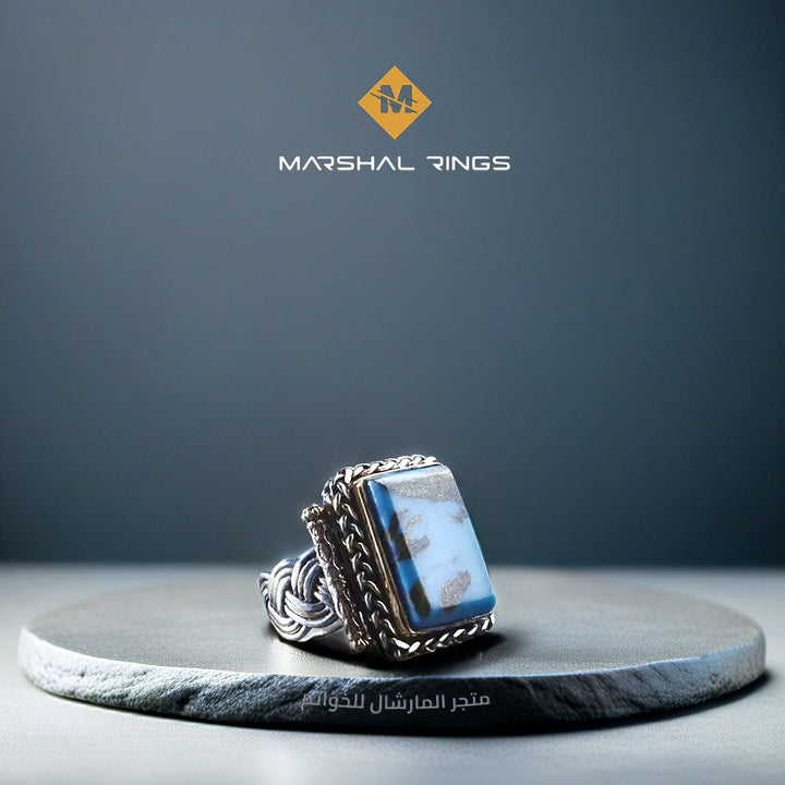 خاتم فضة رجالي 925 مرصع بحجر الفيروز مزين بنقش يدوي - متجر المارشال للخواتم الرجالية 1