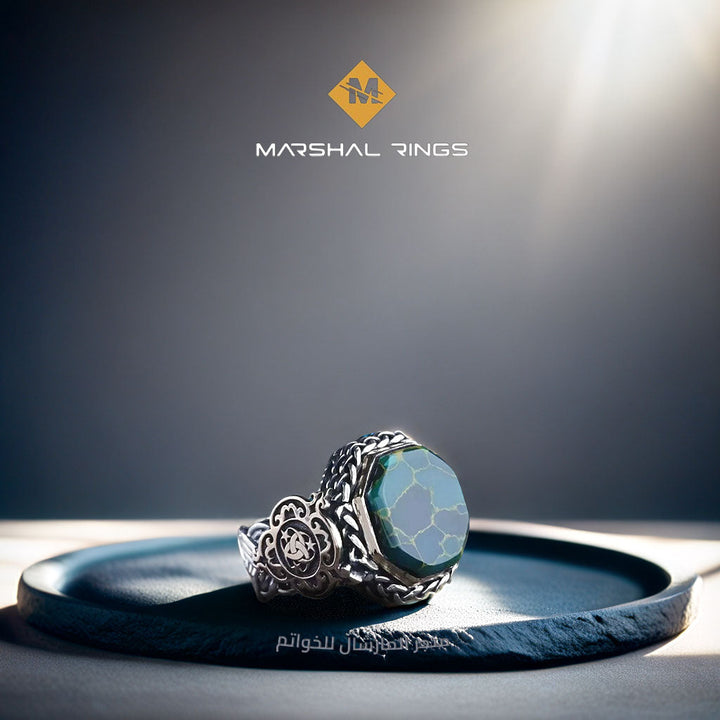 خاتم فضة رجالي 925 مرصع بحجر الفيروز الأريزوني بلمسة جمالية فريدة - متجر المارشال للخواتم الرجالية 1