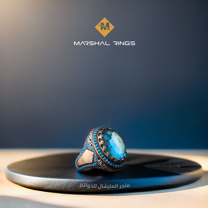 خاتم فضة رجالي 925 مرصع بحجر الزركون الأزرق مزين بإطار فاخر - متجر المارشال للخواتم الرجالية 1