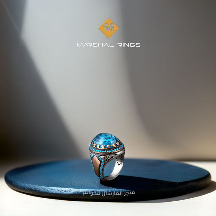 خاتم فضة رجالي 925 مرصع بحجر الزركون الأزرق مزين بإطار فاخر - متجر المارشال للخواتم الرجالية 2