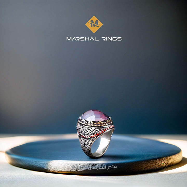 خاتم فضة رجالي 925 مرصع بحجر الزركون الأحمر بتصميم عصري - متجر المارشال للخواتم الرجالية 2