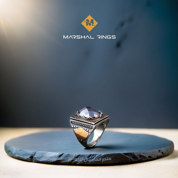 خاتم فضة رجالي 925 مرصع بحجر الزركون الأسود بتصميم مربع أنيق - متجر المارشال للخواتم الرجالية 1