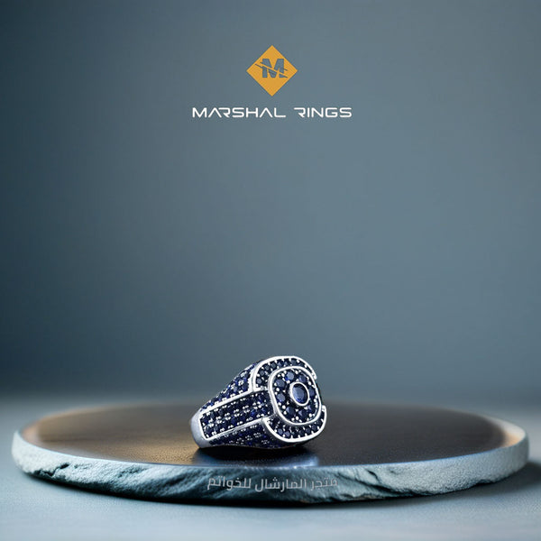 خاتم فضة رجالي 925 مرصع بحجر الزركون زرقاء داكنة  - متجر المارشال للخواتم الرجالية 1