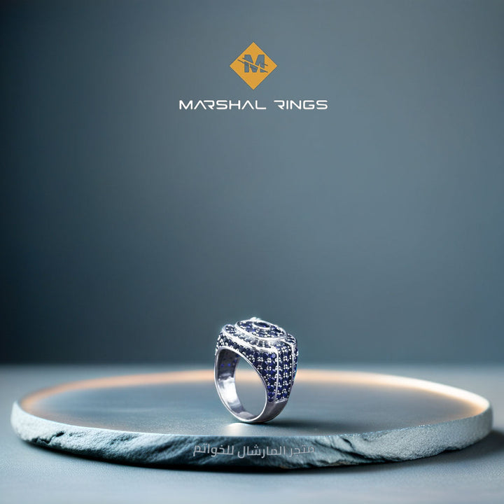 خاتم فضة رجالي 925 مرصع بحجر الزركون زرقاء داكنة  - متجر المارشال للخواتم الرجالية 2