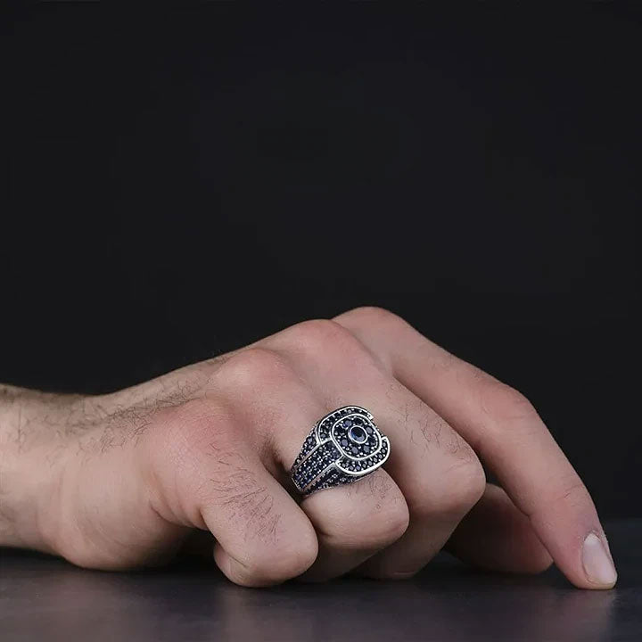 خاتم فضة رجالي 925 مرصع بحجر الزركون زرقاء داكنة  - متجر المارشال للخواتم الرجالية 3