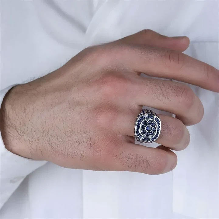 خاتم فضة رجالي 925 مرصع بحجر الزركون زرقاء داكنة  - متجر المارشال للخواتم الرجالية 4