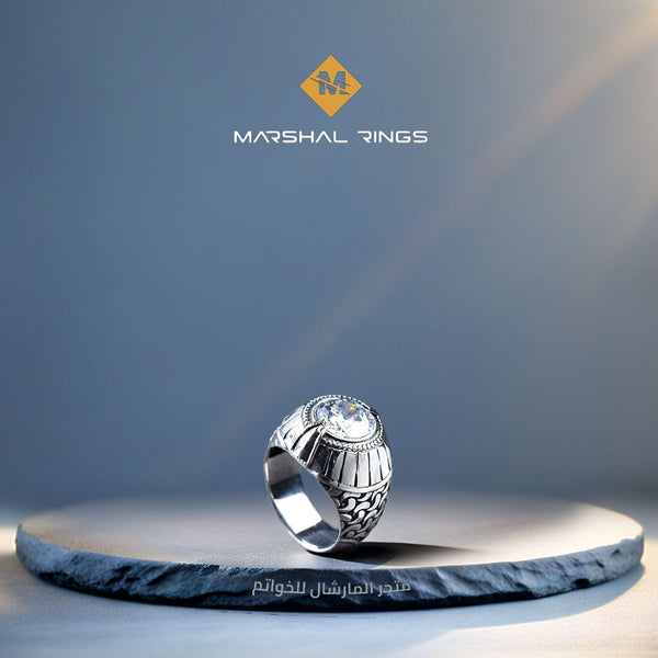 خاتم فضة رجالي 925 مرصع بحجر الزركون الأبيض بتصميم فاخر خاص - متجر المارشال للخواتم الرجالية 1