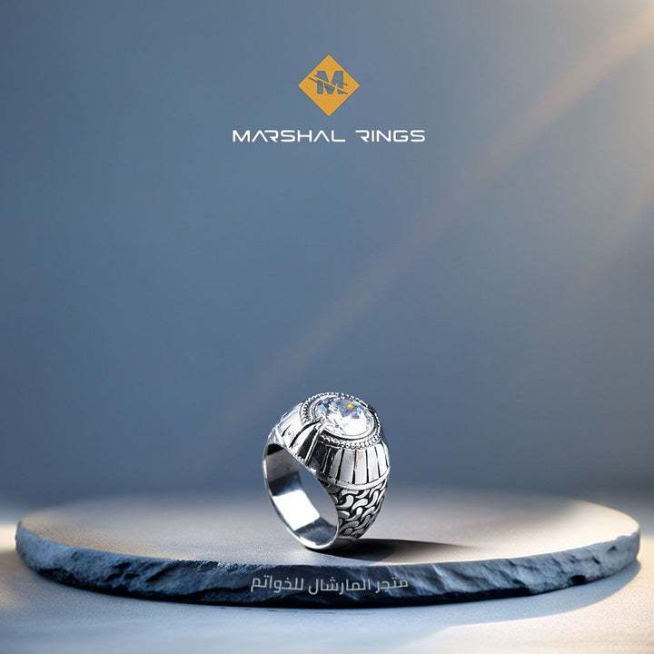 خاتم فضة رجالي 925 مرصع بحجر الزركون الأبيض بتصميم فاخر خاص - متجر المارشال للخواتم الرجالية 1