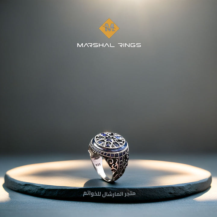خاتم فضة رجالي 925 مرصع بأحجار الزركون الأزرق مزين بإطار أنيق - متجر المارشال للخواتم الرجالية 2