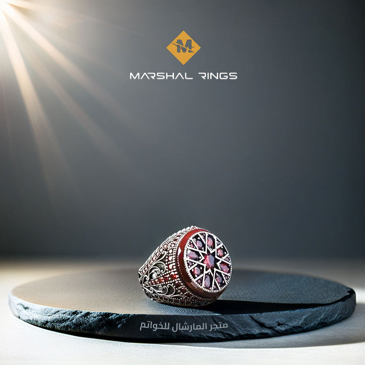 خاتم فضة رجالي 925 مرصع بأحجار الزركون الأحمر بتصميم فاخر - متجر المارشال للخواتم الرجالية 1
