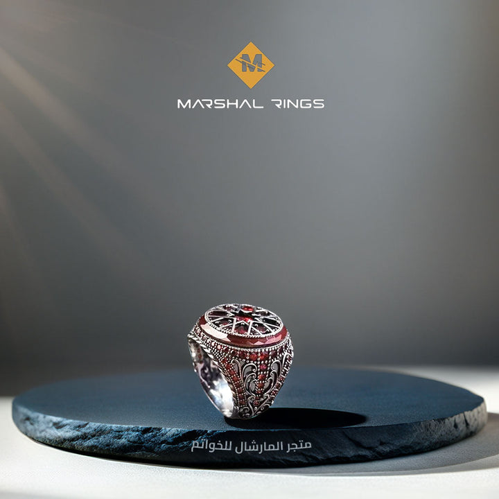 خاتم فضة رجالي 925 مرصع بأحجار الزركون الأحمر بتصميم فاخر - متجر المارشال للخواتم الرجالية 2