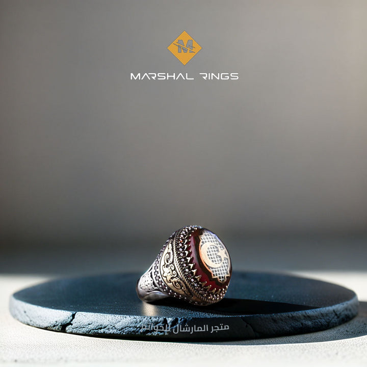 خاتم فضة رجالي 925 مرصع بحجر الكهرمان الناري مزين بالهلال والنجمة - متجر المارشال للخواتم الرجالية 1