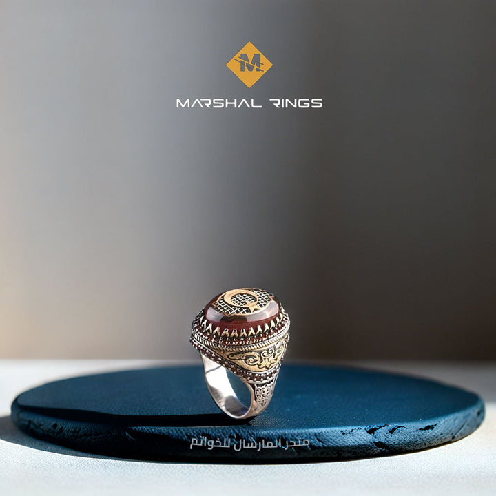 خاتم فضة رجالي 925 مرصع بحجر الكهرمان الناري مزين بالهلال والنجمة - متجر المارشال للخواتم الرجالية 2